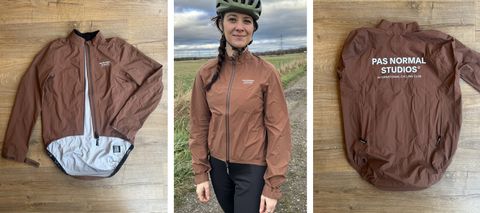 A collage image of Immy wearing the PAS Normal Essential Shield, next to the same jacket laid out on a wooden floor