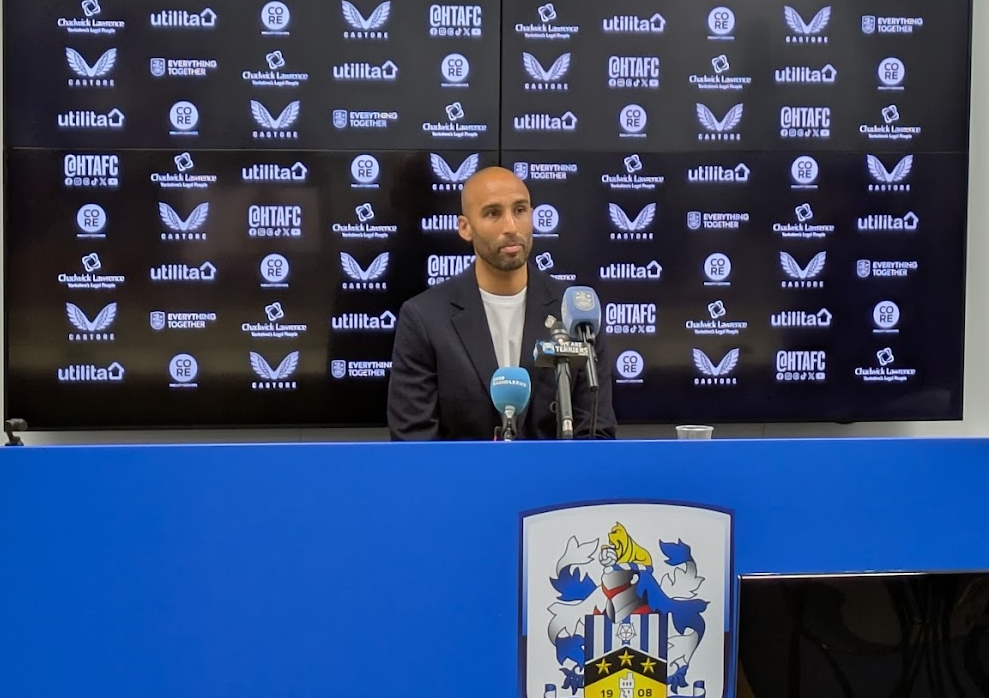 Lee Grant at his first press conference as Huddersfield Town manager
