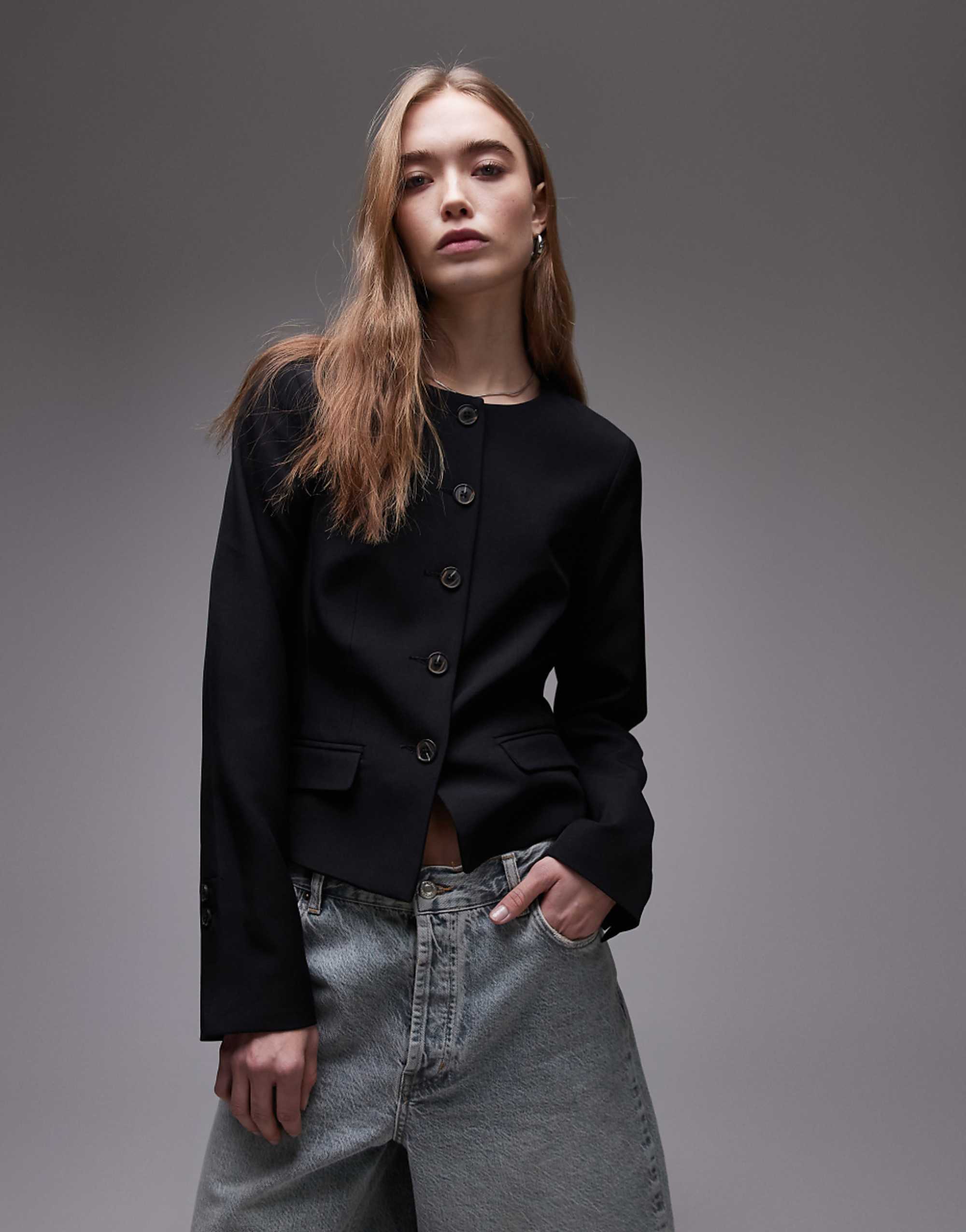 Topshop Round Neck Collarless Blazer in Black