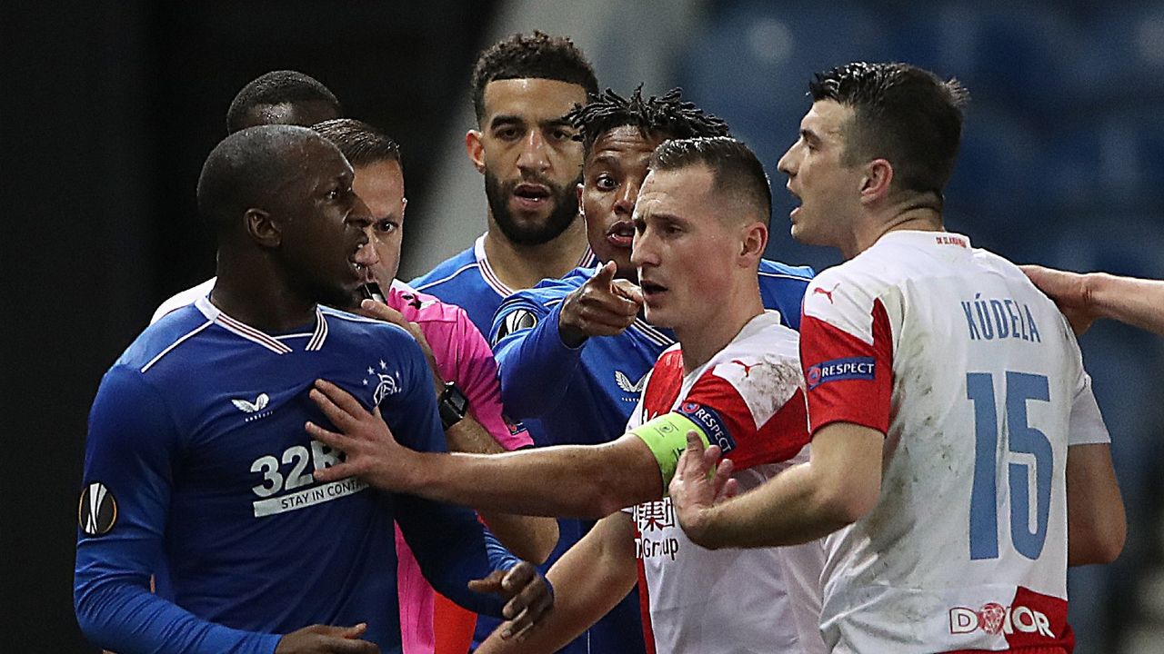 Glen Kamara of Rangers clashes with Slavia Prague’s Ondrej Kudela 