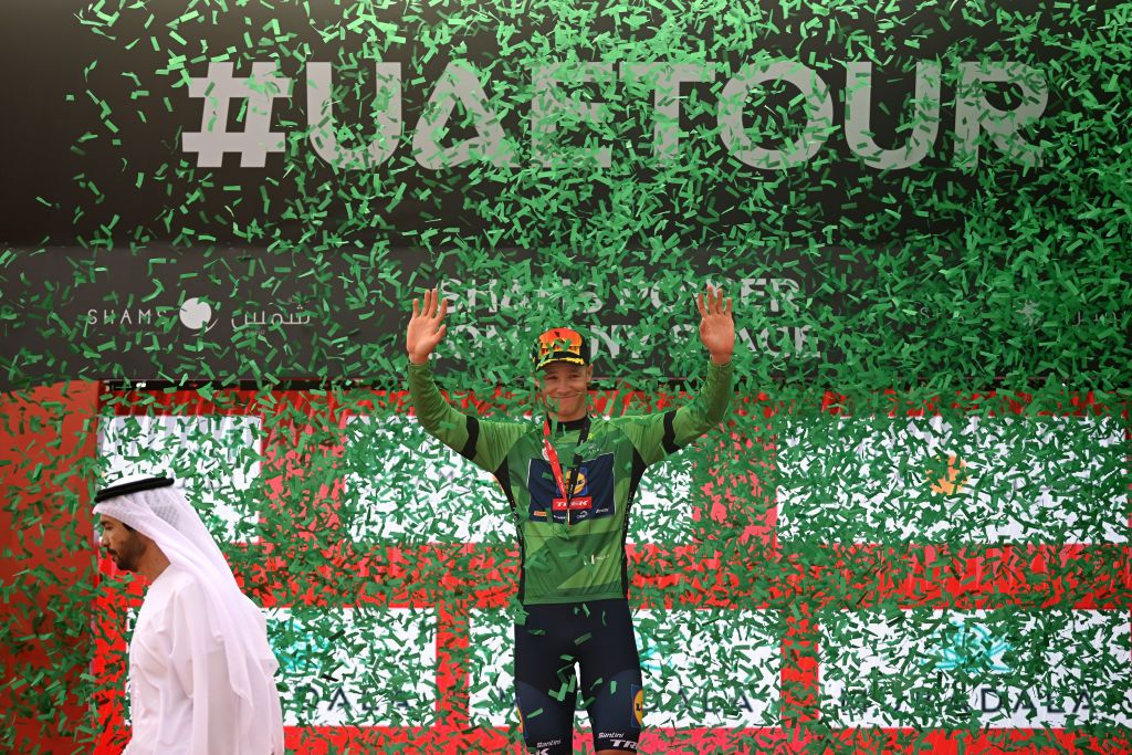 LIWA PALACE ABU DHABI UNITED ARAB EMIRATES FEBRUARY 17 Jonathan Milan of Italy and Team LidlTrek celebrates at podium as Green Points Jersey winner during the to the 7th UAE Tour Stage 1 a 138km stage from Madinat Zayed Shams Solar Park to Liwa Palace UCIWWT on February 17 2025 in Liwa Palace Abu Dhabi United Arab Emirates Photo by Dario BelingheriGetty Images