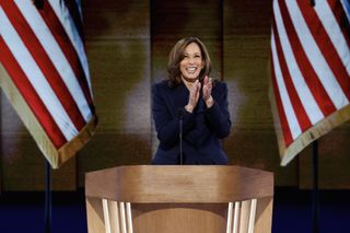 Democratic presidential candidate, U.S. Vice President Kamala Harris arrives to speak on stage during the final day of the Democratic National Convention at the United Center on August 22, 2024 in Chicago, Illinois.