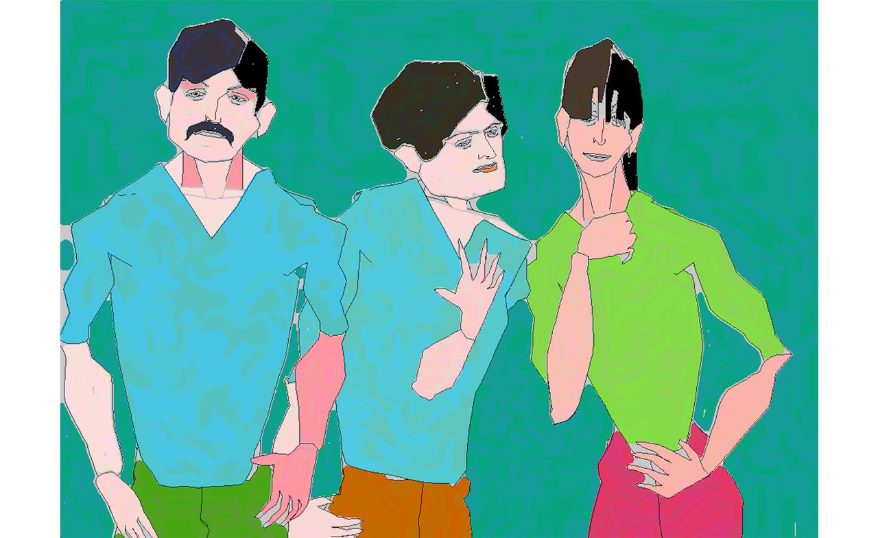 Harold Cohen AI artwork created by AARON program: three figures on colourful background