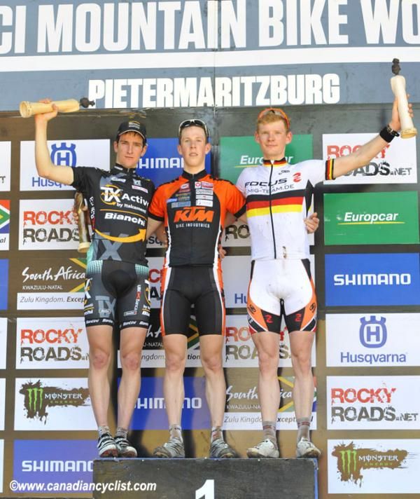 U23 men's podium at the Pietermaritzburg World Cup: Gerhard Kerschbaumer, Alexander Gehbauer, Markus Schulte-Luenzum