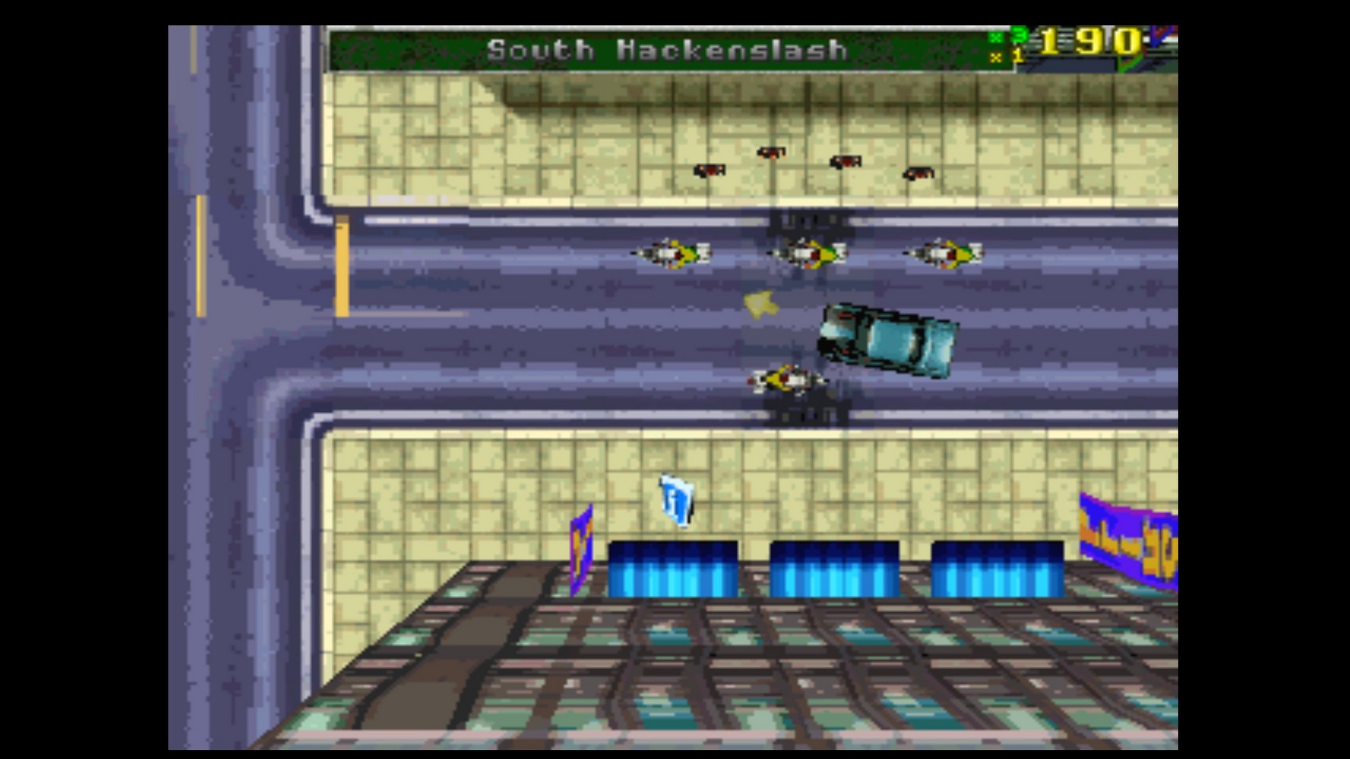 About to ram into a procession of motorcyclists with a car in GTA on PS1