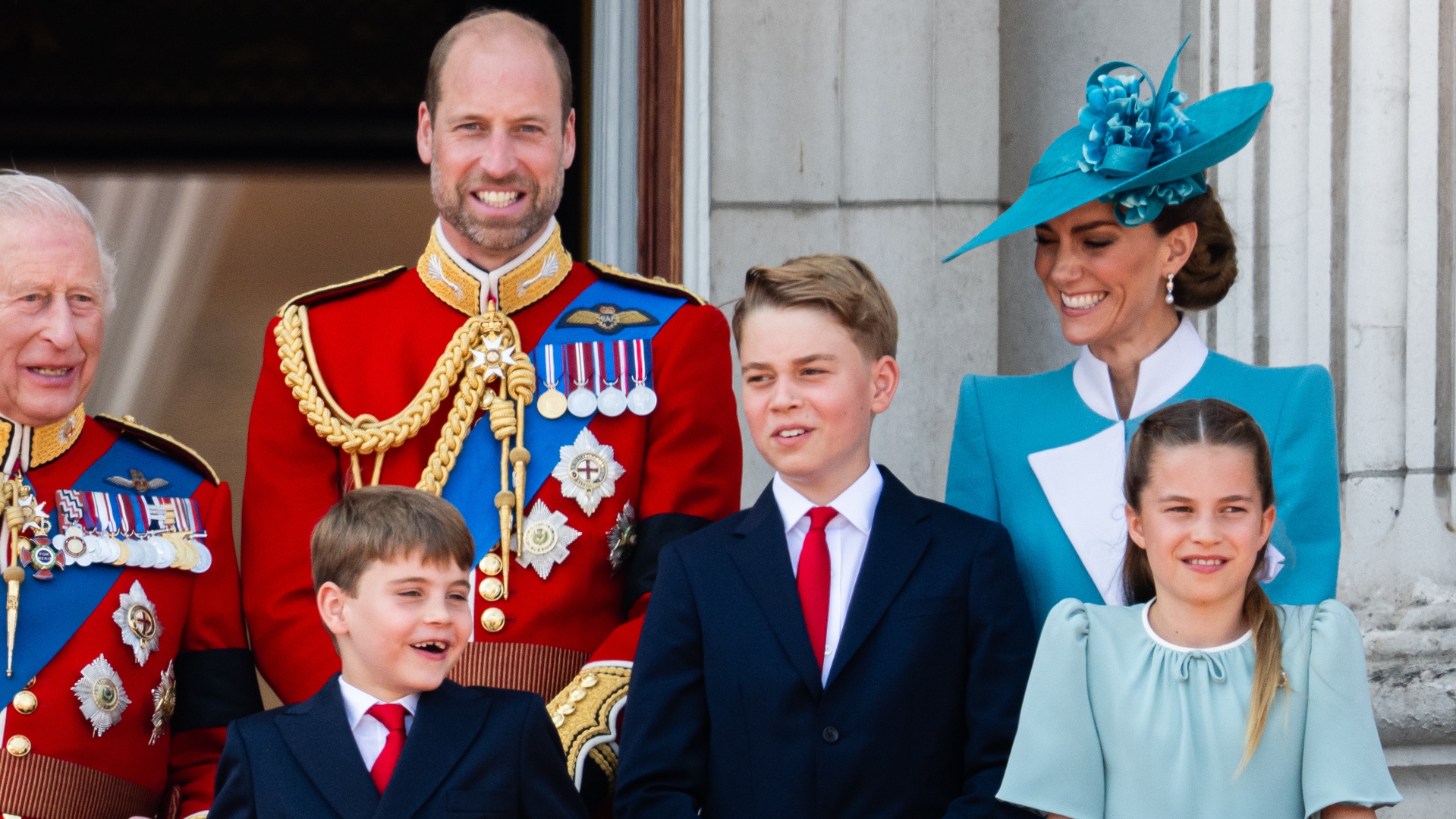 Prince William, Prince George, Catherine, Princess of Wales and Princess Charlotte during Trooping The Colour 2025 on June 14, 2025