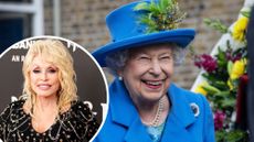 A composite of a picture of Dolly Parton at the 37th Annual Rock & Roll Hall Of Fame Induction and a picture of Queen Elizabeth visiting the Haig Housing Trust 