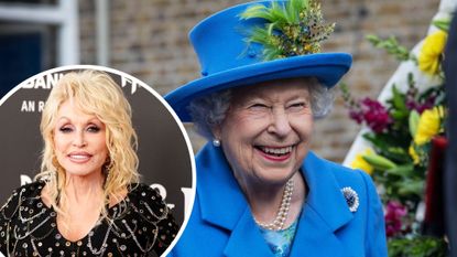 A composite of a picture of Dolly Parton at the 37th Annual Rock & Roll Hall Of Fame Induction and a picture of Queen Elizabeth visiting the Haig Housing Trust