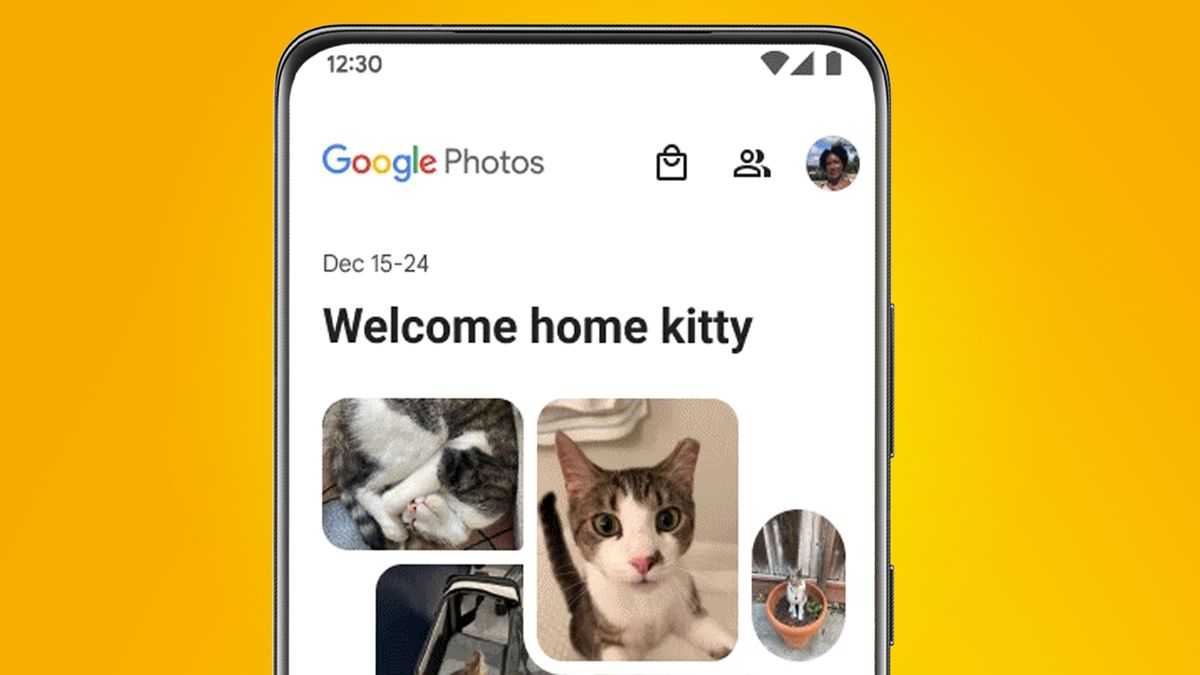 An Android phone on an orange background showing the new Google Photos Memories feature