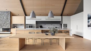 kitchen with pale wood units and ceiling