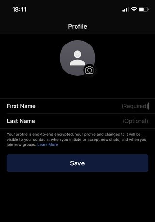 A screenshot of the profile-creation page in the Signal iOS app.