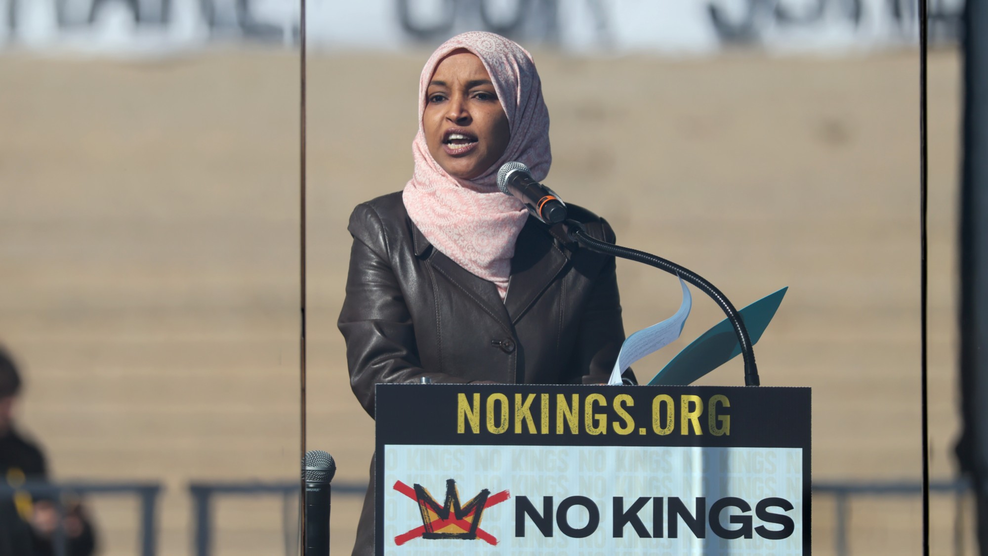 ST PAUL, MINNESOTA - MARCH 28: Congresswoman Ilhan Omar speaks onstage as Hundreds of Thousands Protest as part of the No Kings Rallies on March 28, 2026 in St. Paul, Minnesota.