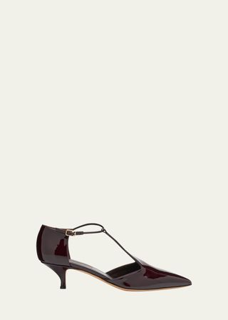 Leandra Patent T-Strap Kitten Pumps