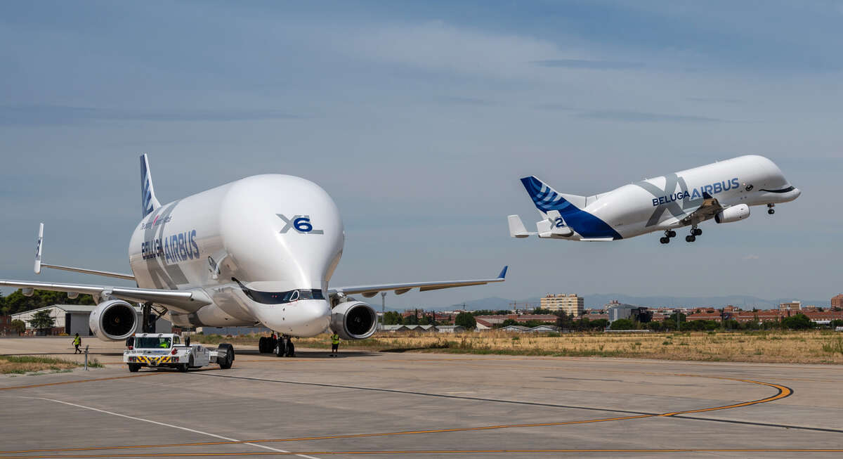 Airbus BelugaST aircraft seen from the front, showing its distinctive whale-shaped fuselage