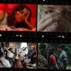 a collage of movie stills from 2025 films about motherhood including rose byrne in if i had legs i'd kick you jennifer lawrence in die my love amanda seyfried in the testament of ann lee and jessie buckley in hamnet