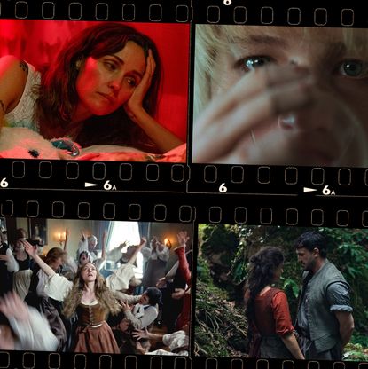 a collage of movie stills from 2025 films about motherhood including rose byrne in if i had legs i'd kick you jennifer lawrence in die my love amanda seyfried in the testament of ann lee and jessie buckley in hamnet