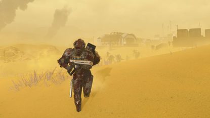 Helldivers 2 helldiver running with plas scorcher weapon