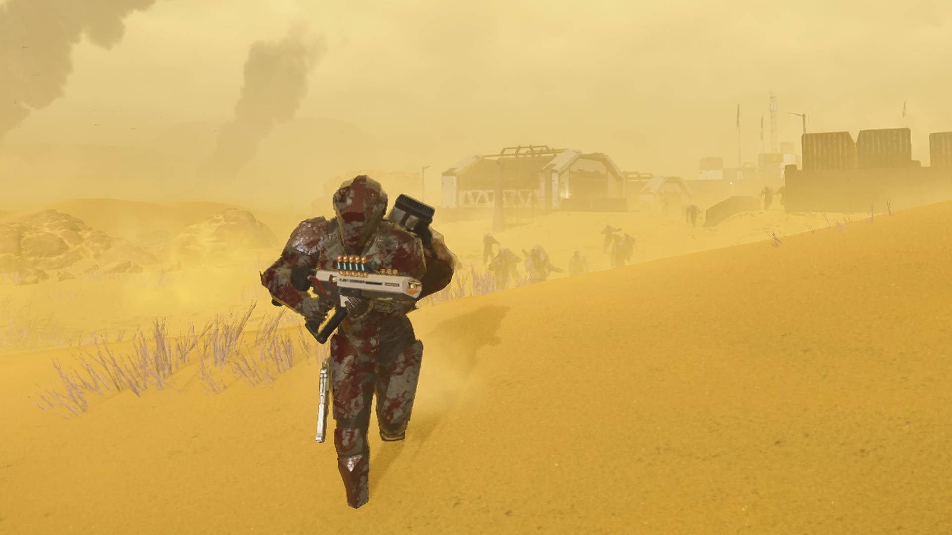 Helldivers 2 helldiver running with plas scorcher weapon