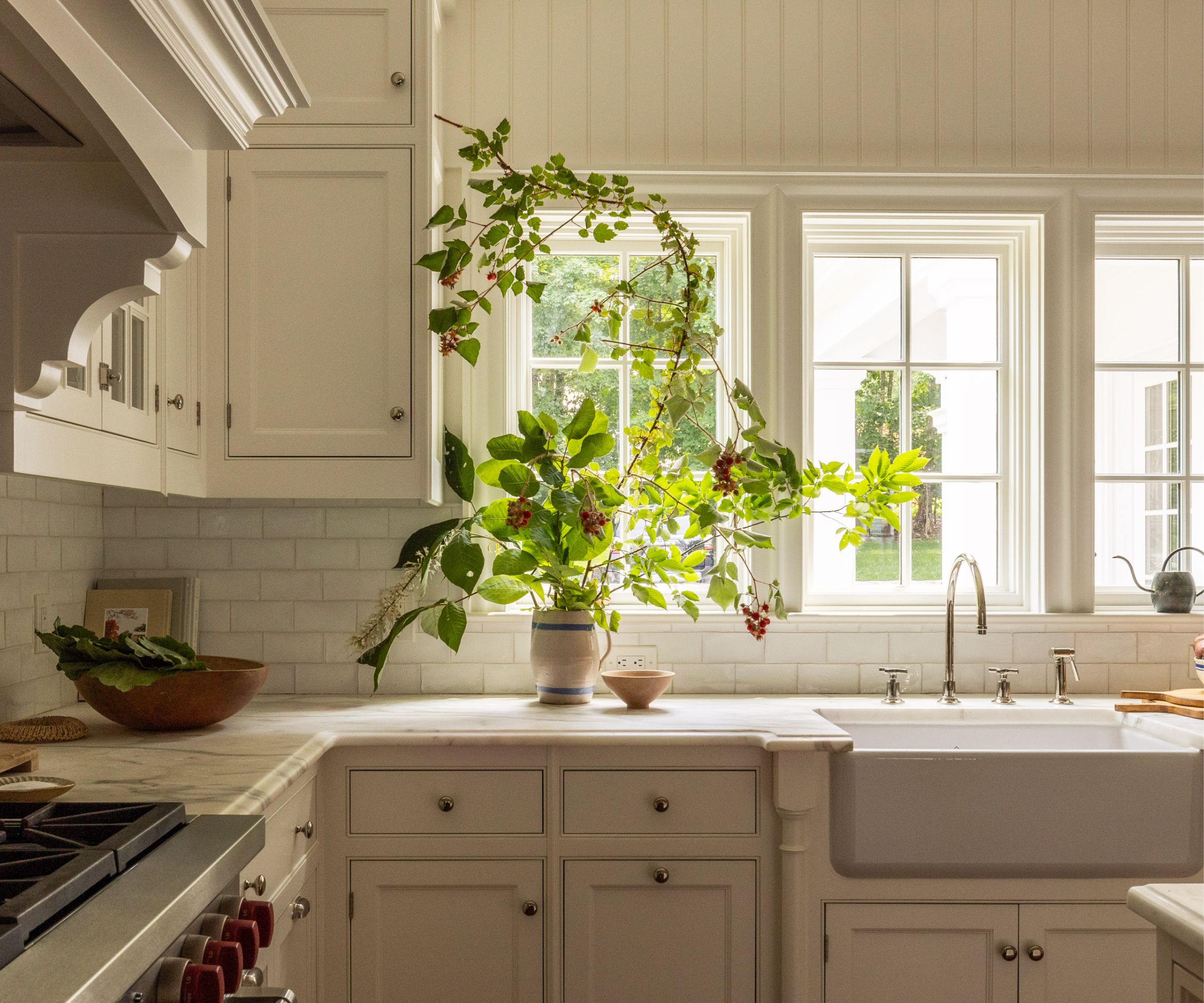 White kitchen with wood paneling, white cabinets, china sink and large foliage display