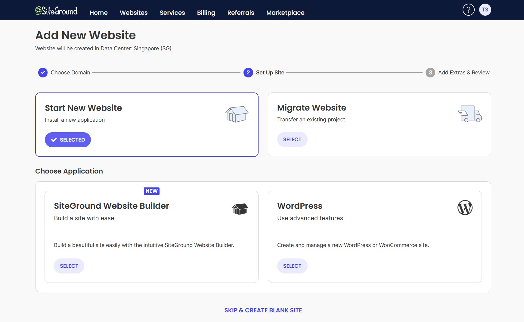 Create website screen at SiteGround