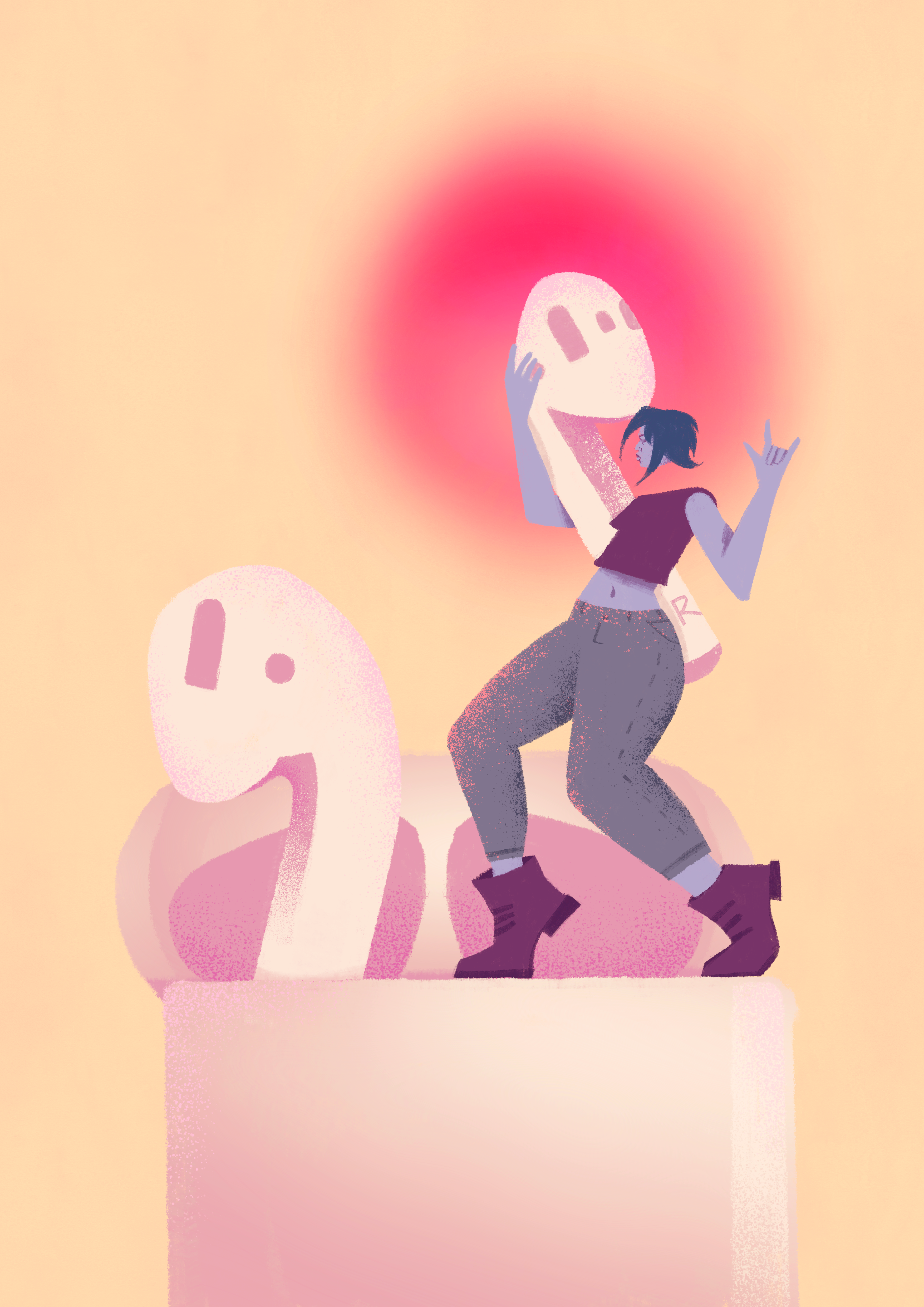 Woman standing on giant Airpods illustration