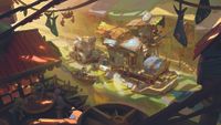 Keyframe of passing by the factory village in a caravan. A 3D base with colours added in 2D