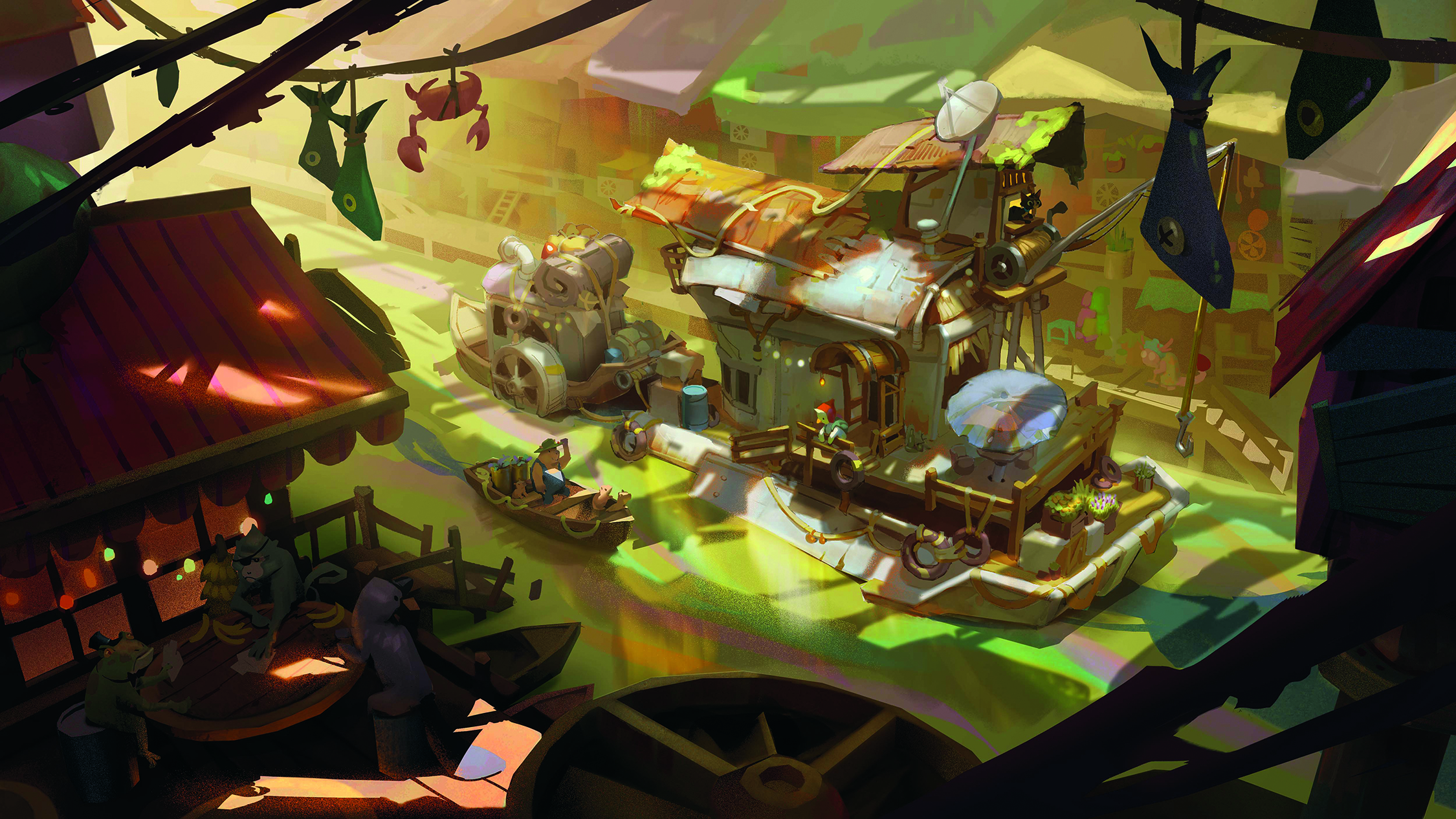 Keyframe of passing by the factory village in a caravan. A 3D base with colours added in 2D