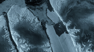 A variety of shades of dark blue, gray and white in large panels of ice and water. 
