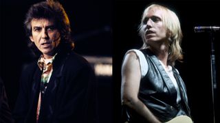 LEFT: British singer George Harrison attends the San Remo music festival. RIGHT: Tom Petty performs circa 1985 in Los Angeles, California.