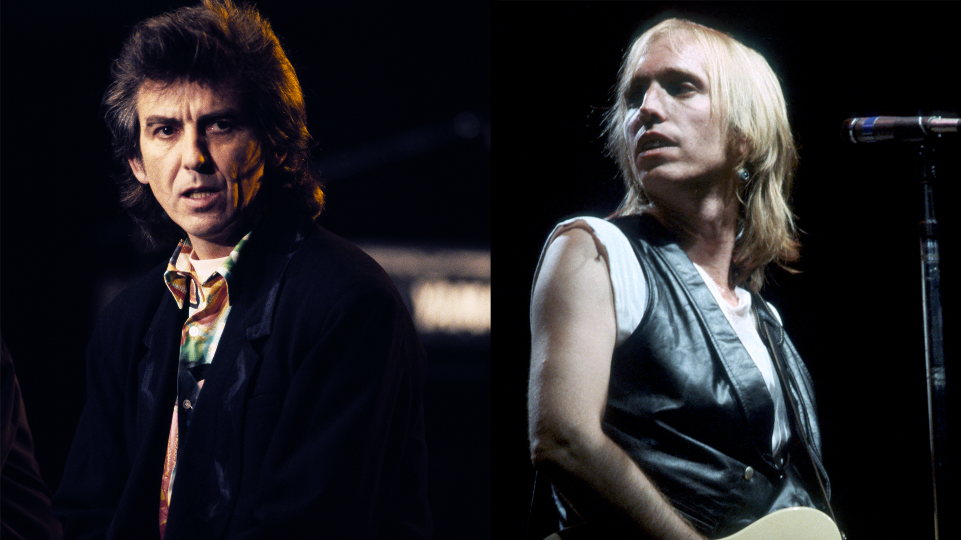 LEFT: British singer George Harrison attends the San Remo music festival. RIGHT:  Tom Petty performs circa 1985 in Los Angeles, California. 