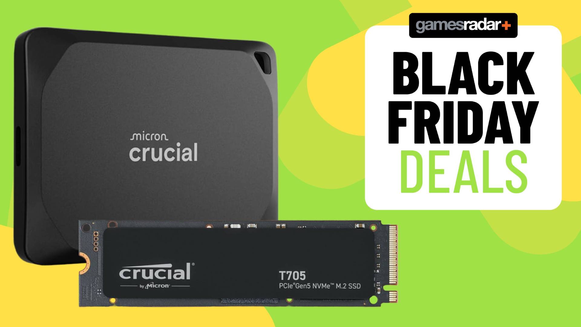 Image of a portable and M.2 Crucial SSD sitting on a light green GamesRadar+ background.