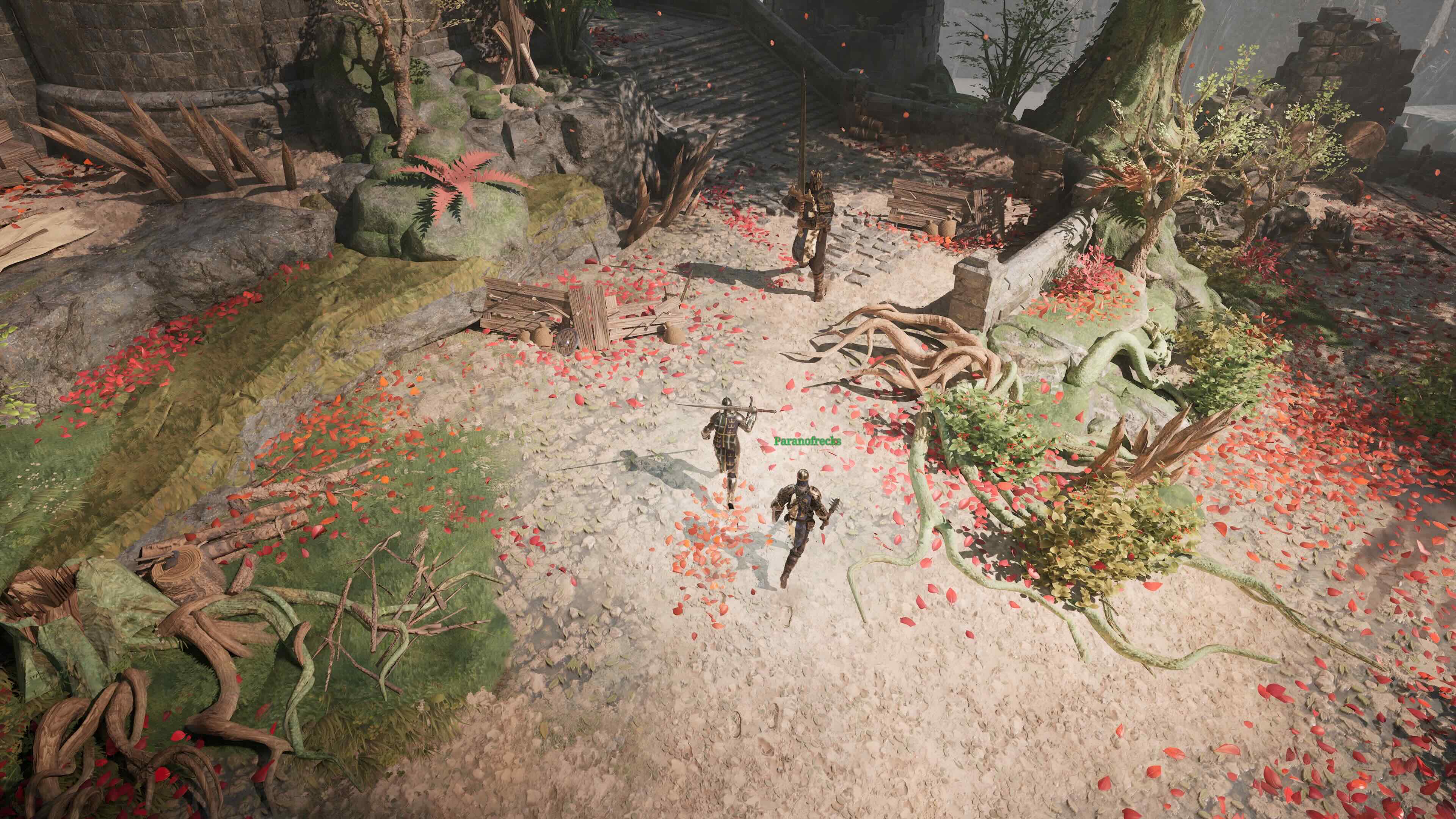 Knights in a petal-strewn environment.