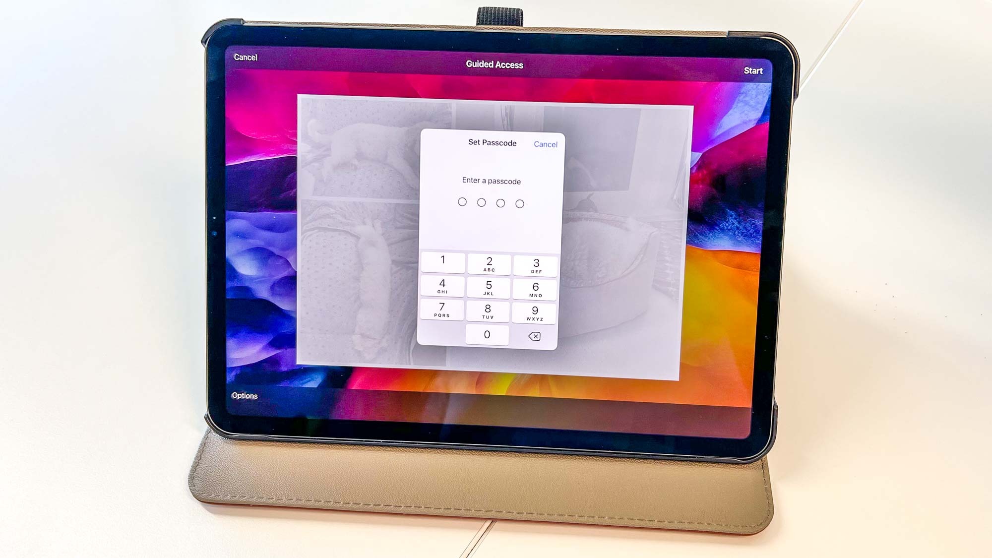 A photo of an iPad showing the PIN request when entering/exiting Guided Access mode