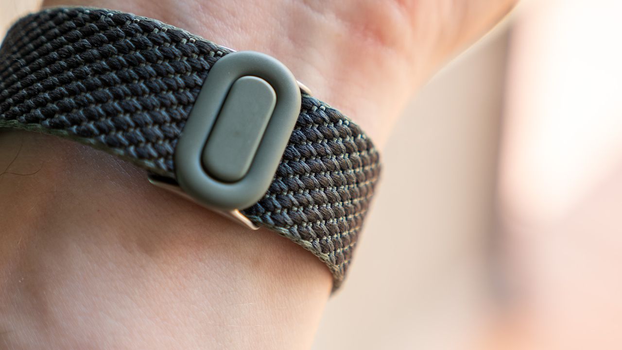 The Ivy colorway Google Pixel Watch Woven Band plastic textile up close
