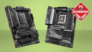 A Gigabyte and MSI pair of motherboards against a coloured background, with a PC Gamer Recommended logo