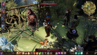 A Divinity: Original Sin 2 party standing next to an NPC named Jawbone the Merchant, who appears to be a skinless Lizardman. This is normal, and fine.