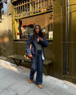 What to wear in October: @livmadeline wears double denim with loafers