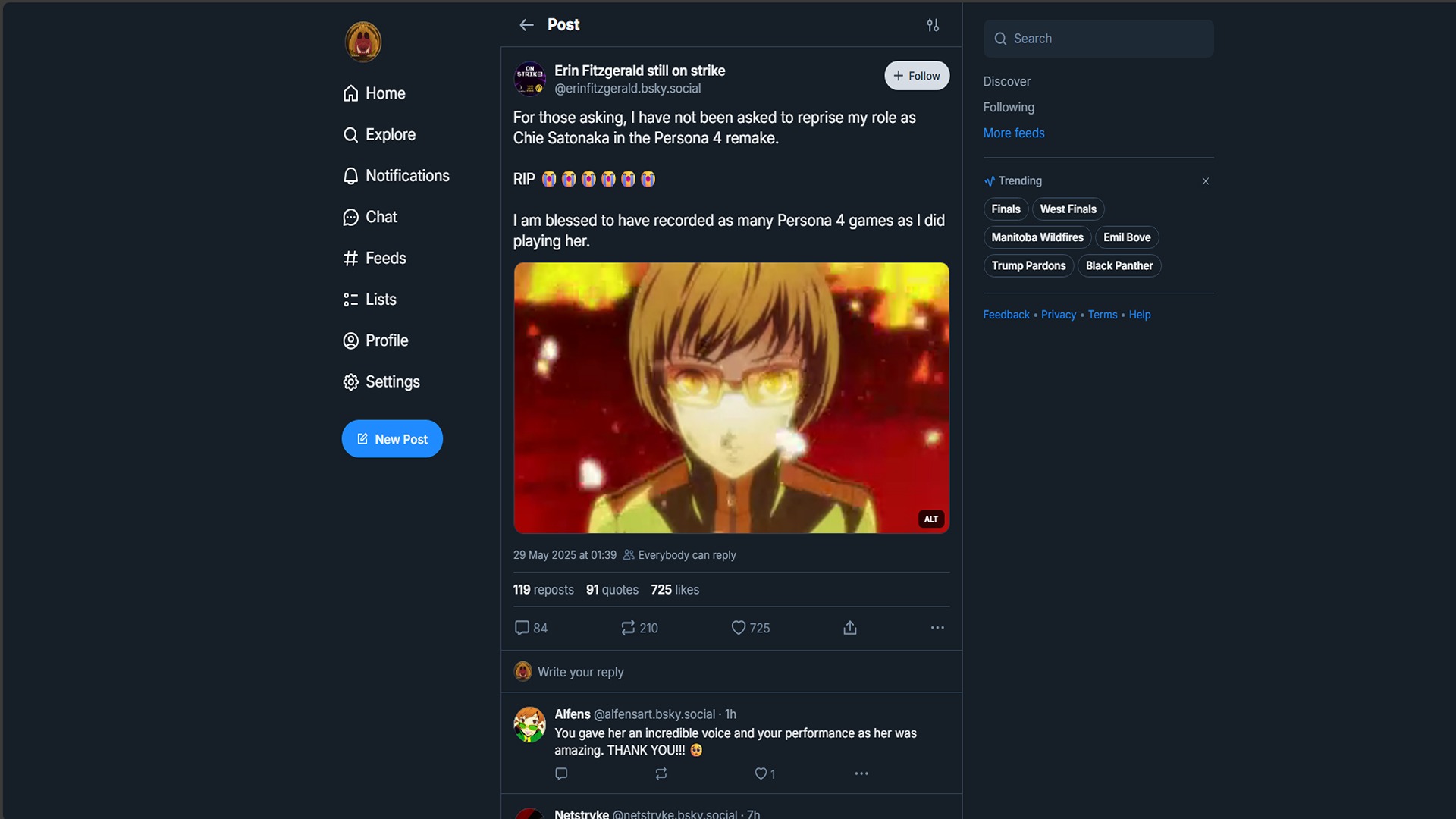 Evidence of Erin Fitzgerald announcing she won't be returning for the Persona 4 remake.
