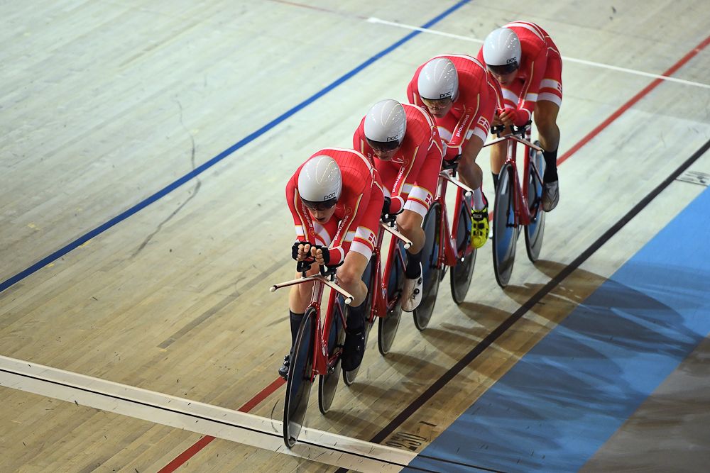 Denmark's team members compete in the men's Team Pursuit final during the UCI Track Cycling World Championships