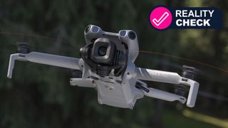 A DJI Mini 5 Pro drone flying outside
