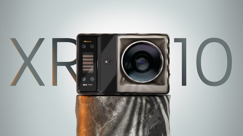 Hisense XR10 projector on a plain background with the model number written behind