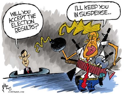Political cartoon U.S. 2016 election Donald Trump suspense