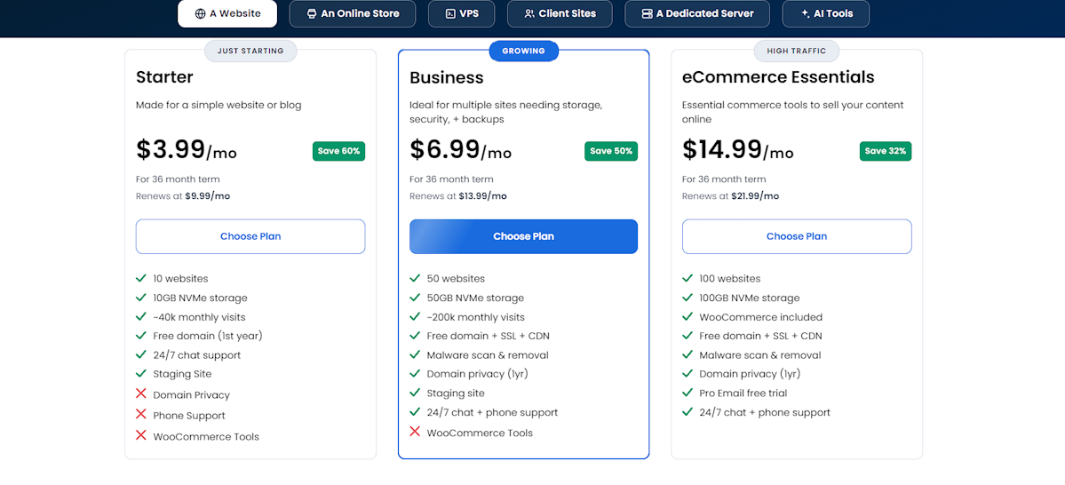 We screengrabbed the current pricing and plans on the Bluehost website for our review