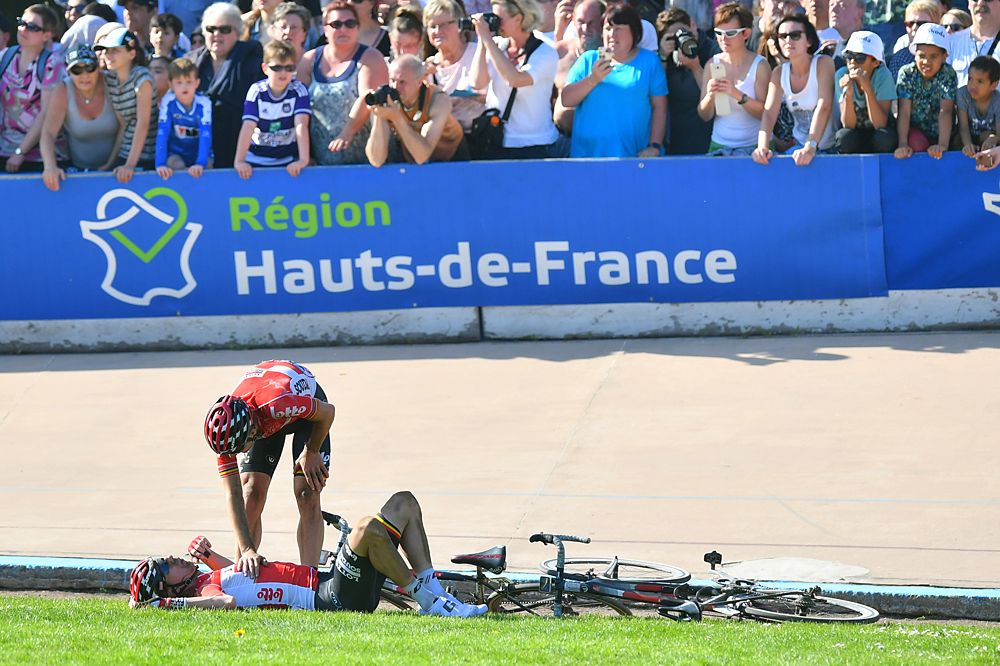 Lotto-Soudal teammates console each other following the 257km race