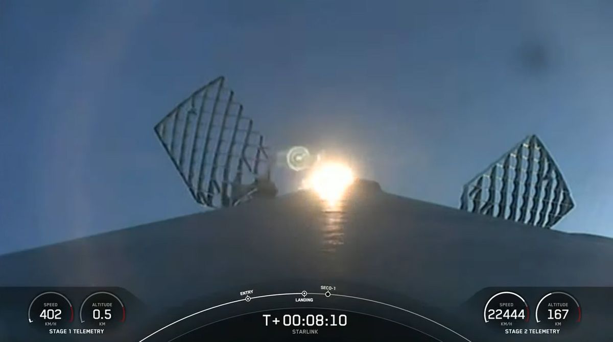 A view of SpaceX's Falcon 9 rocket as it approaches its droneship landing platform A Shortfall Of Gravitas on May 18, 2022.