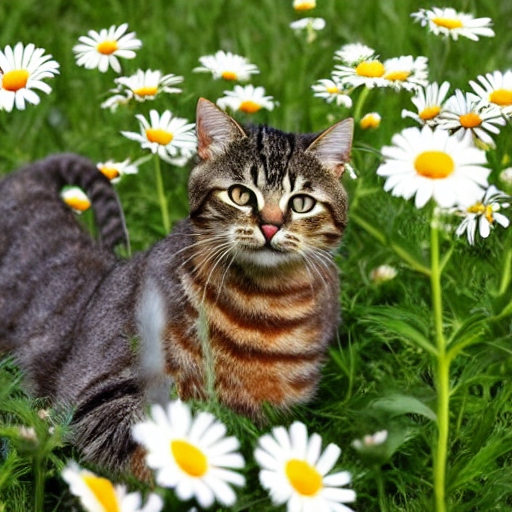 AI generated image of cat picking daisies