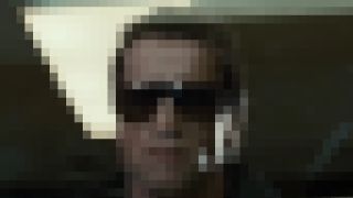 Arnold Schwarzenegger menacingly stands behind plexiglas in The Terminator, pixelated.