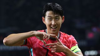 Son Heung-min #7 of South Korea celebrates scoring his team's first goal during an international friendly match between Mexico and South Korea at GEODIS Park on September 9, 2025 in Nashville, Tennessee. 