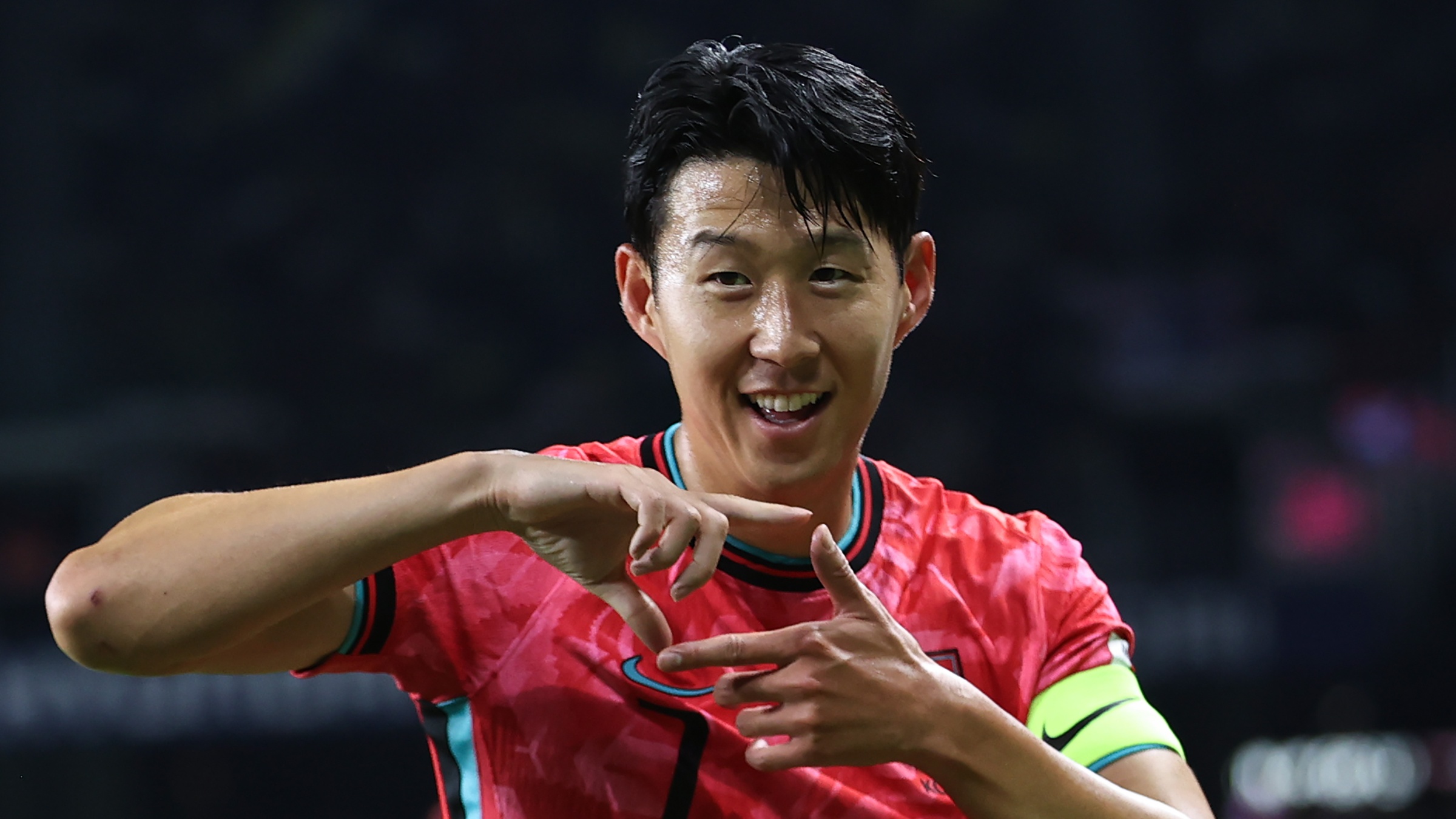 Son Heung-min #7 of South Korea celebrates scoring his team's first goal during an international friendly match between Mexico and South Korea at GEODIS Park on September 9, 2025 in Nashville, Tennessee.