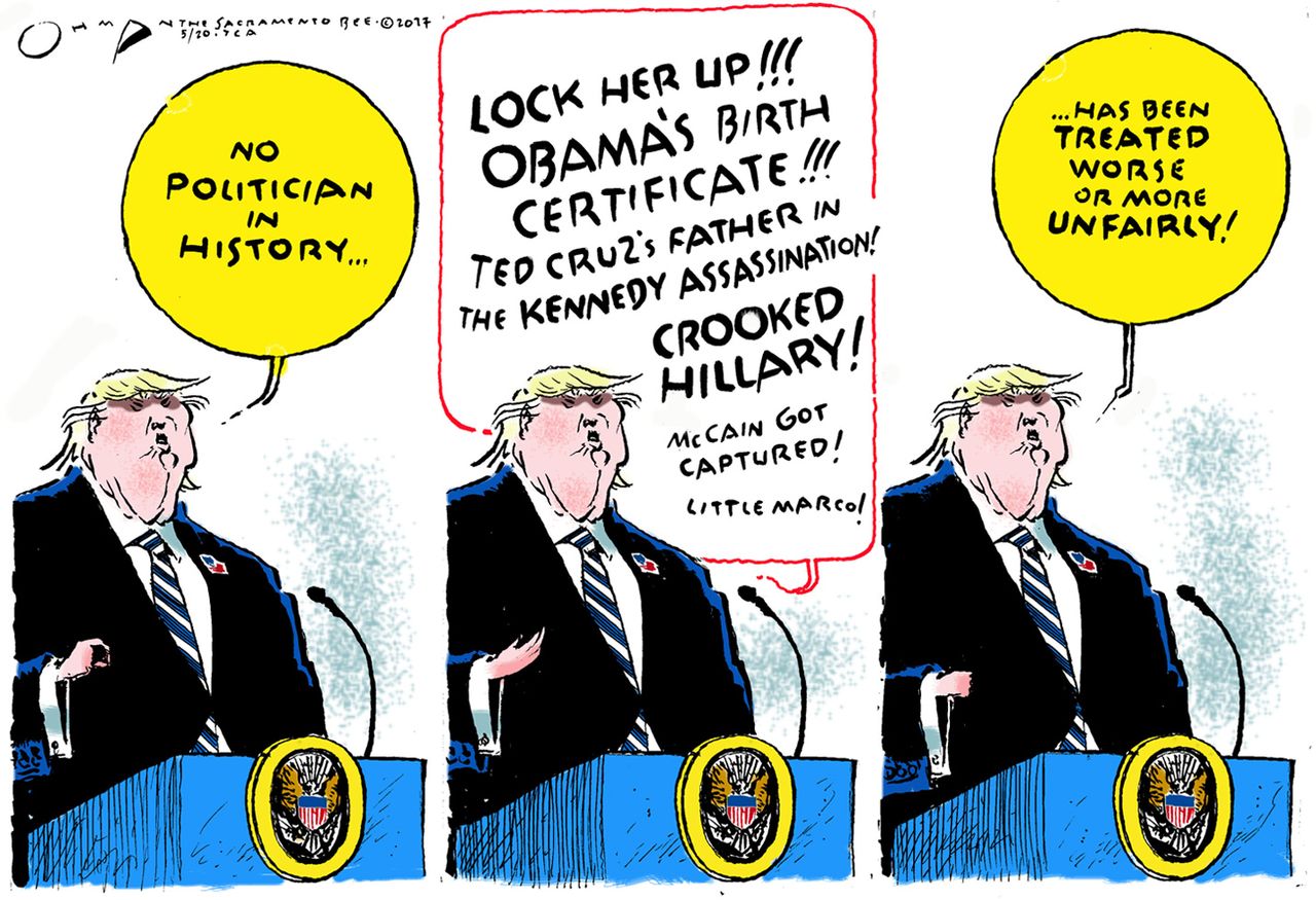 Political cartoon U.S. Trump complaining treated badly Obama Clinton Cruz